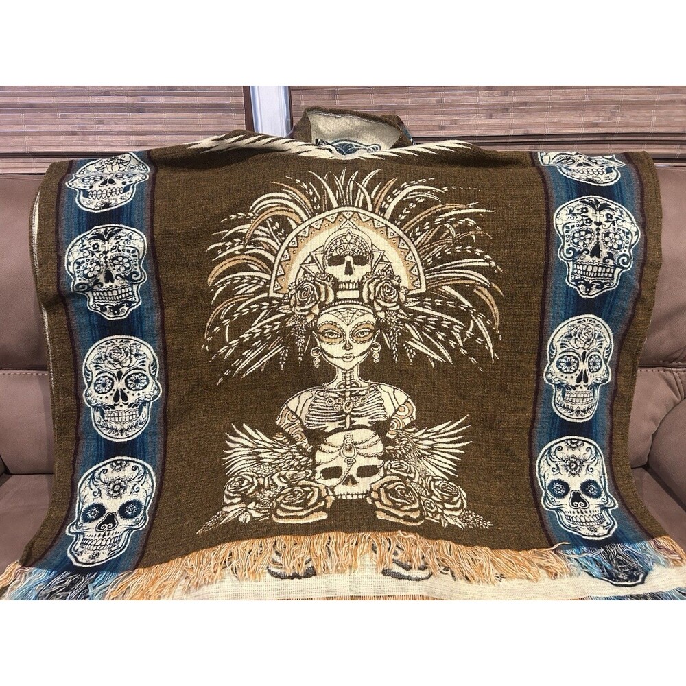 Day Of The Dead Catrina Poncho Native Import Skull Unisex Hooded Brown Ecuador